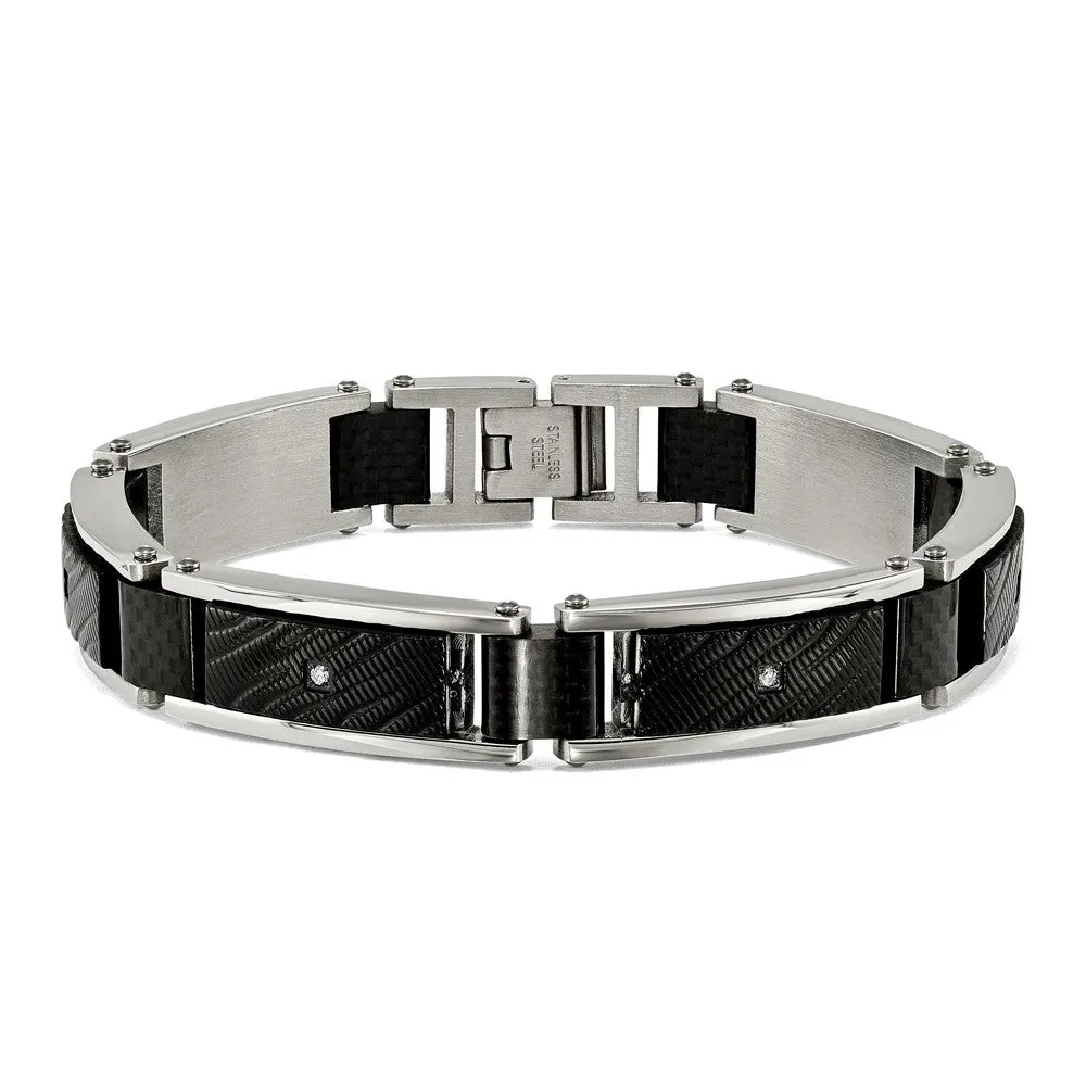 11mm Two-Tone Stainless Steel, CZ, Blk Carbon Fiber Bracelet, 8.75 In