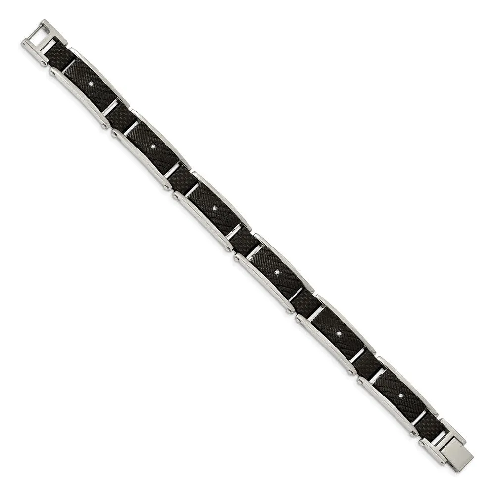 11mm Two-Tone Stainless Steel, CZ, Blk Carbon Fiber Bracelet, 8.75 In