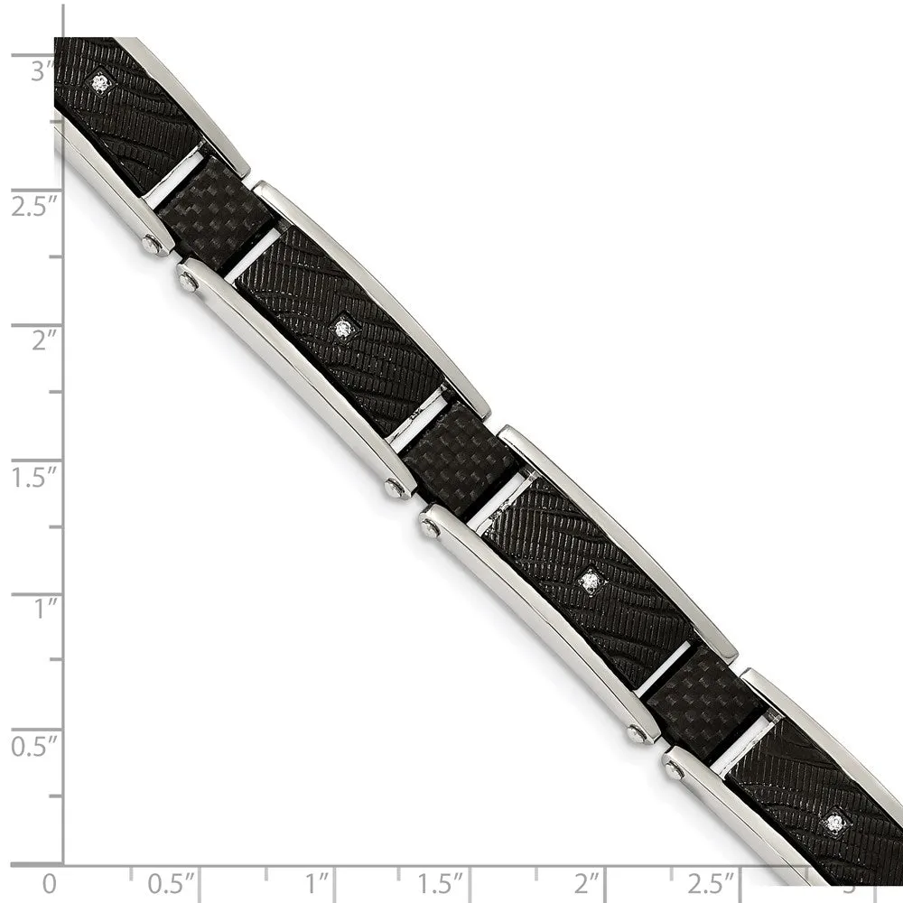 11mm Two-Tone Stainless Steel, CZ, Blk Carbon Fiber Bracelet, 8.75 In