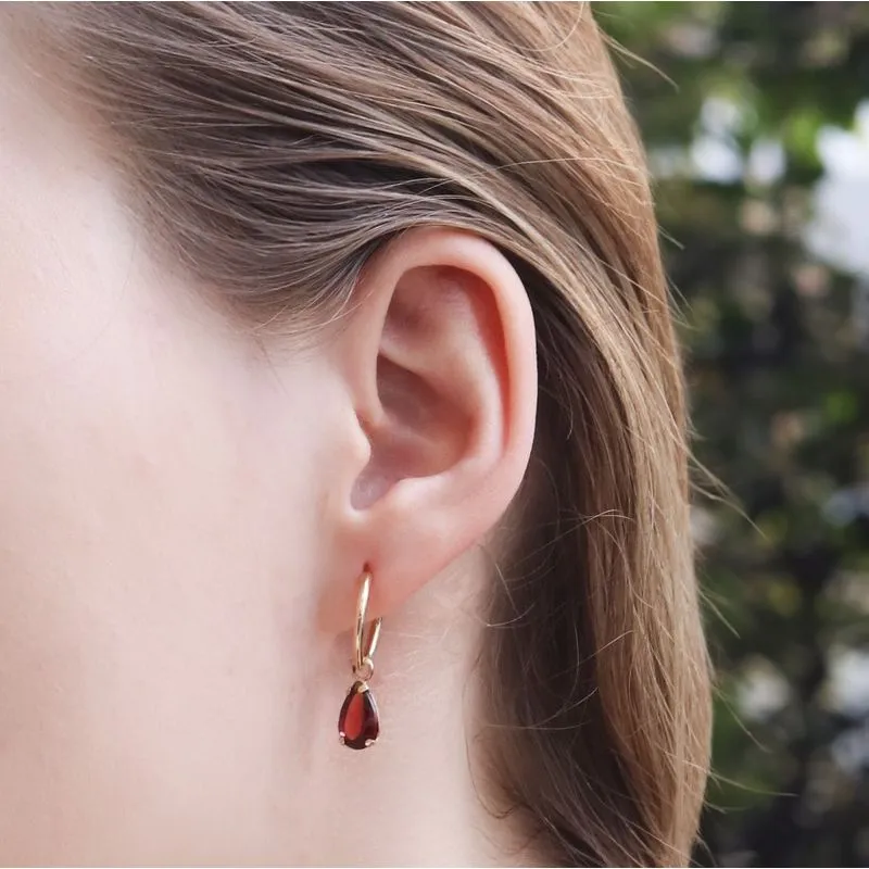 14k Gold Hoop Earrings with Garnet Teardrop Stones