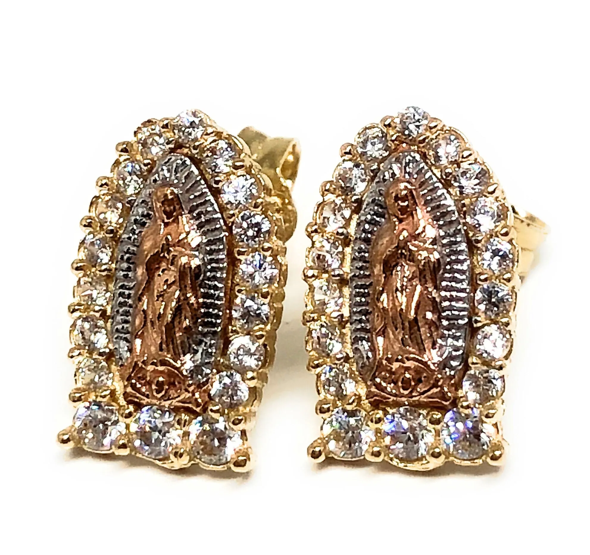 14k Solid Gold Tri-Color Virrgin Mary Earrings CZ