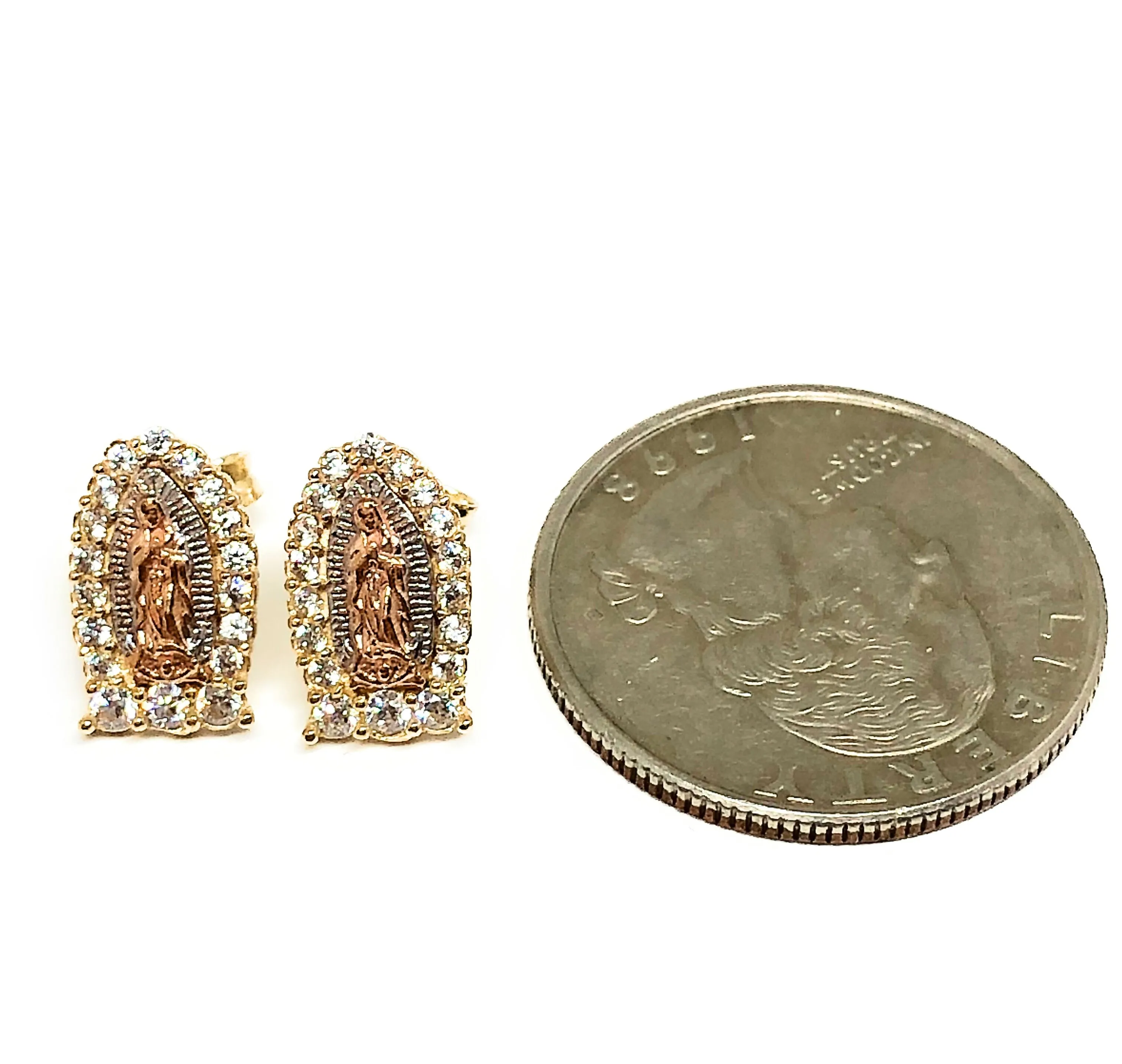 14k Solid Gold Tri-Color Virrgin Mary Earrings CZ