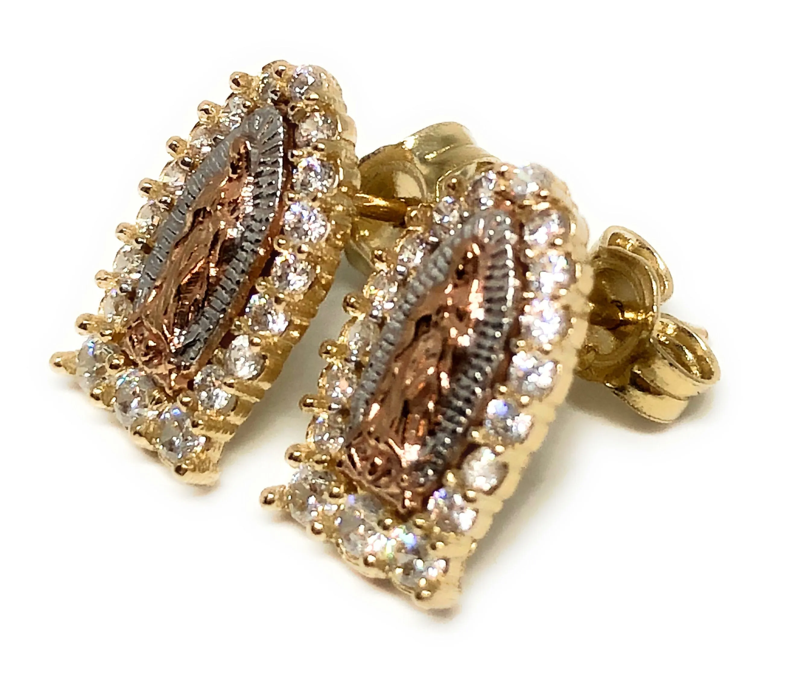 14k Solid Gold Tri-Color Virrgin Mary Earrings CZ