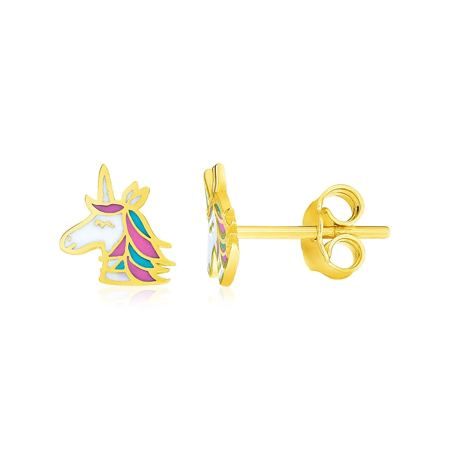 14k Yellow Gold Enameled Unicorn Childrens Earrings-rx94483