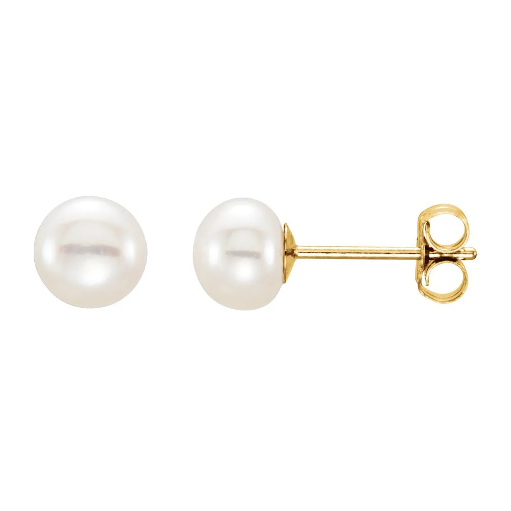 14K Yellow Gold White Freshwater Cultured Pearl Stud Earrings