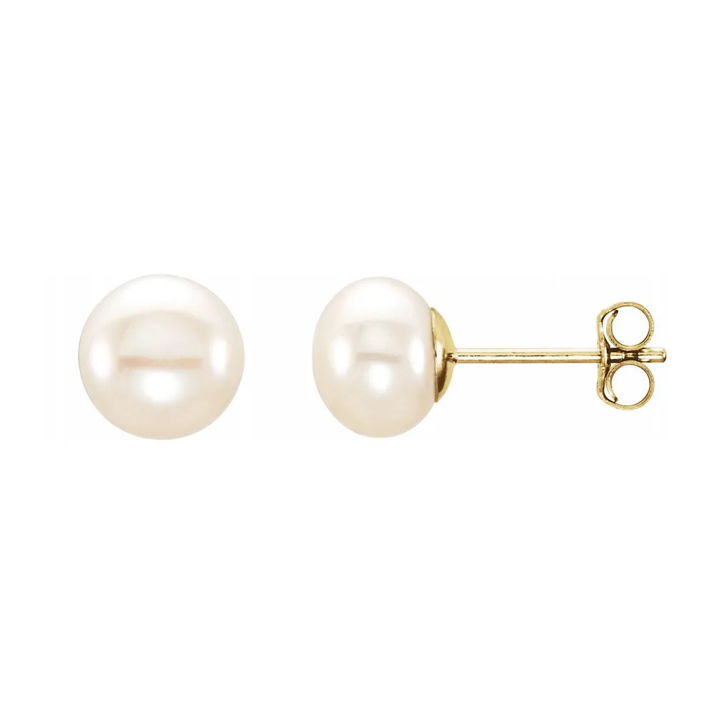 14K Yellow Gold White Freshwater Cultured Pearl Stud Earrings