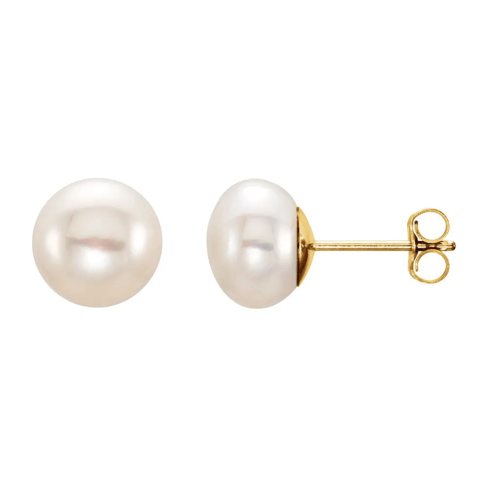 14K Yellow Gold White Freshwater Cultured Pearl Stud Earrings