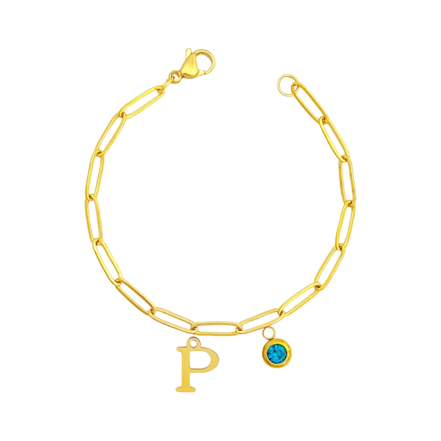 Alphabet Birthstone Paperclip Bracelet Gold (O-U)