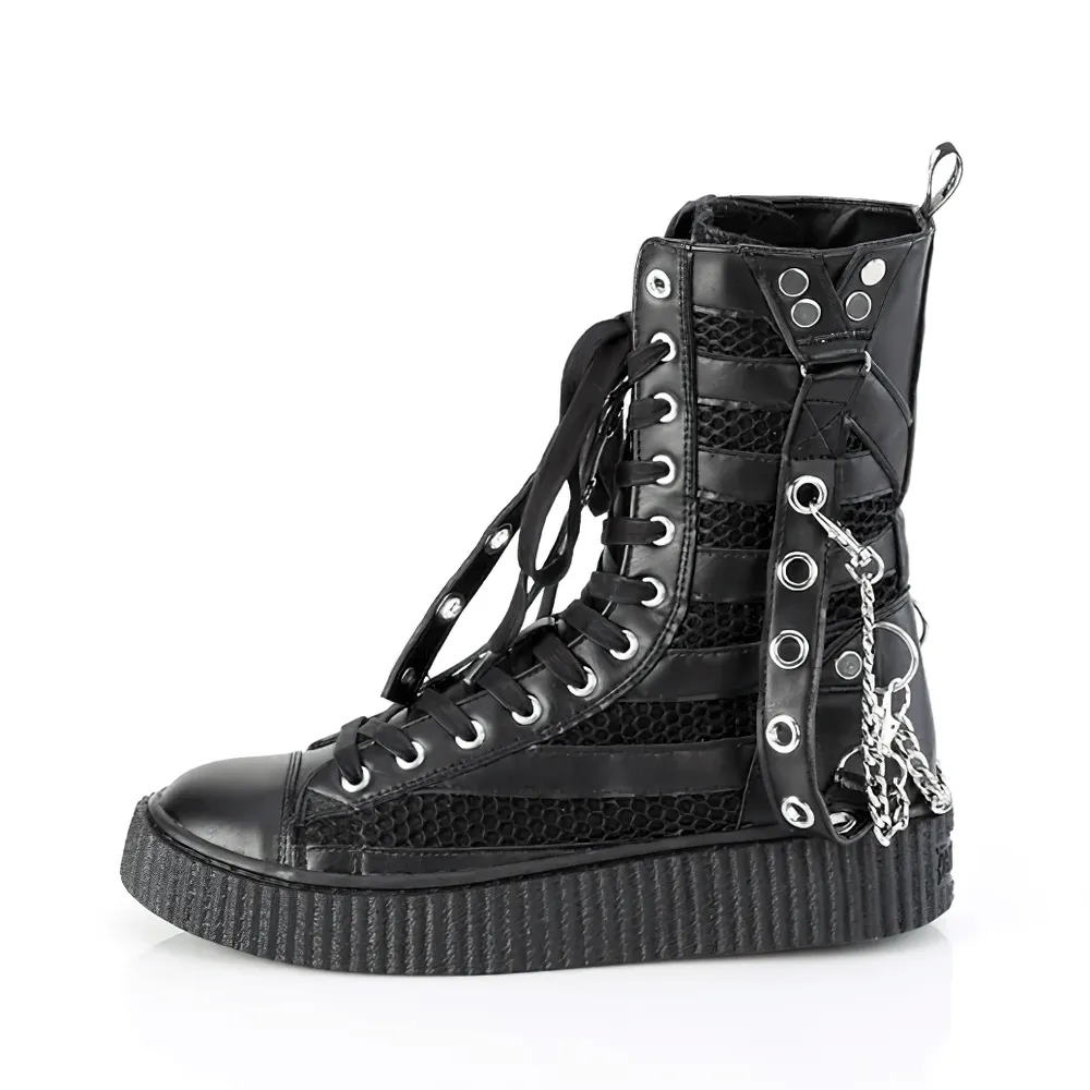 DEMONIA Gothic Mid-Calf Creeper Black Sneakers with Chains