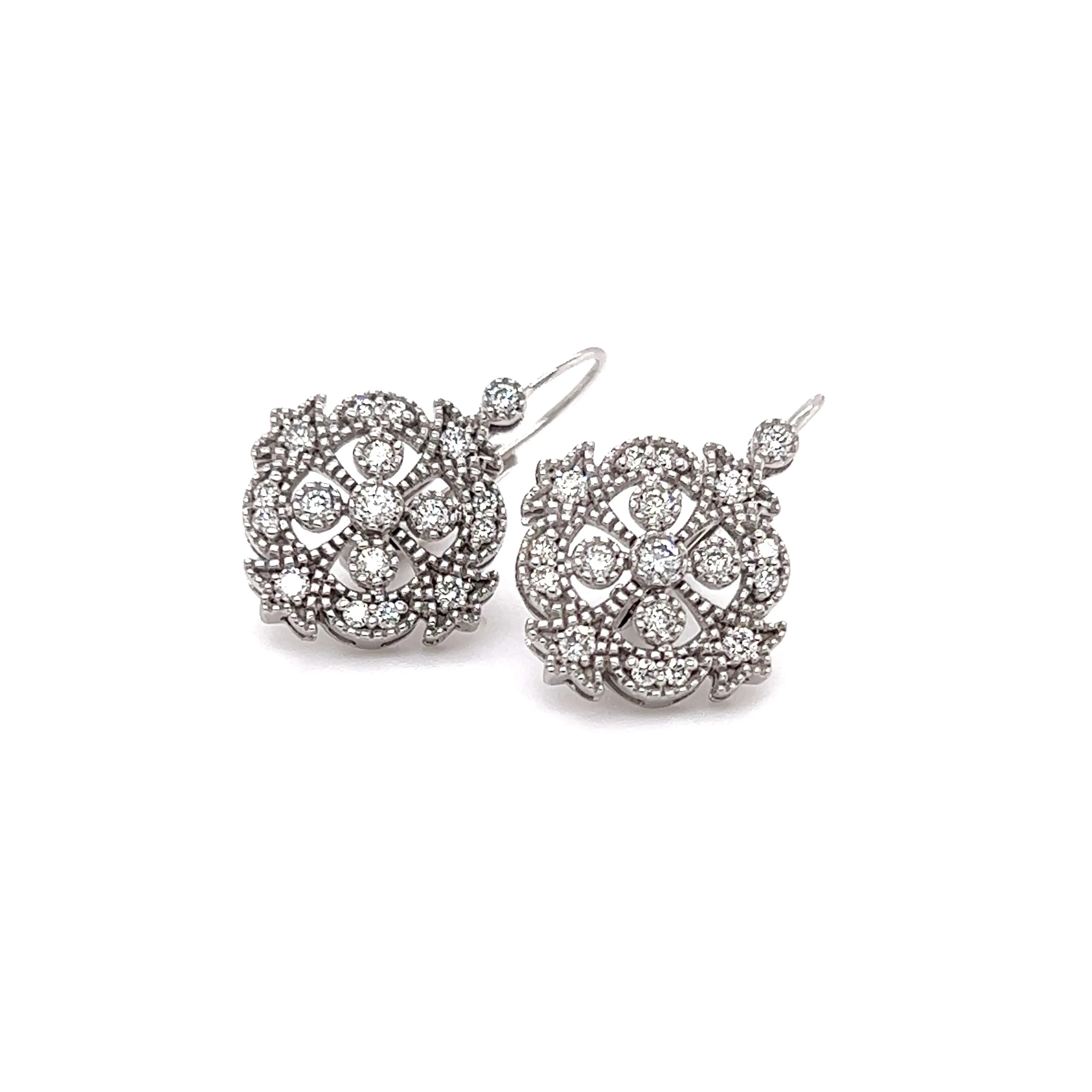 Diamond Dangle Earrings with Milgrain Details in 14K White Gold