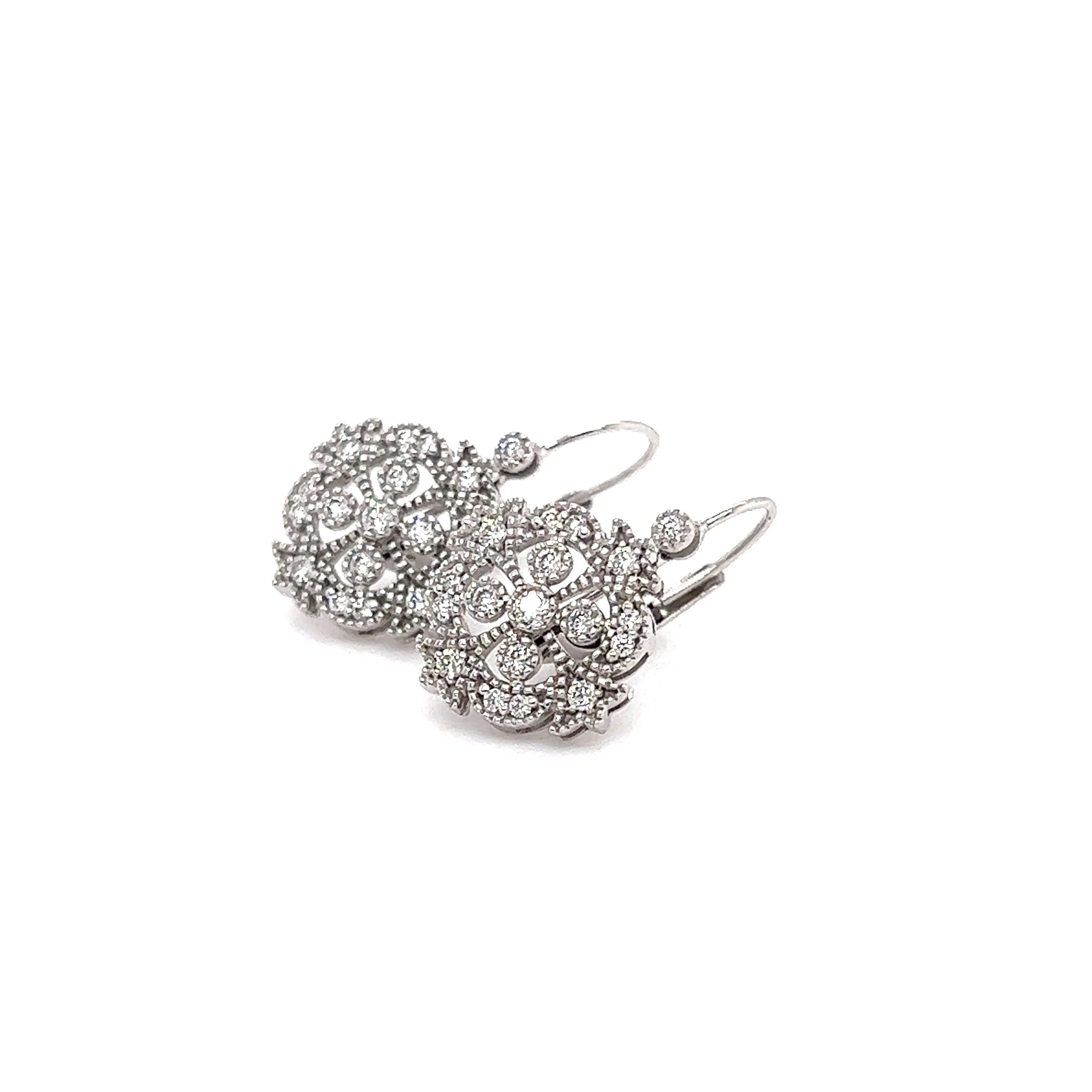 Diamond Dangle Earrings with Milgrain Details in 14K White Gold