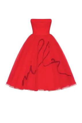 --Dramatic red organza dress adorned with Milla’s signature and black gloves, Xo Xo-