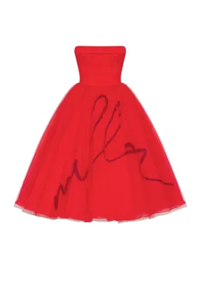 Dramatic red organza dress adorned with Milla's signature and black gloves, Xo Xo    