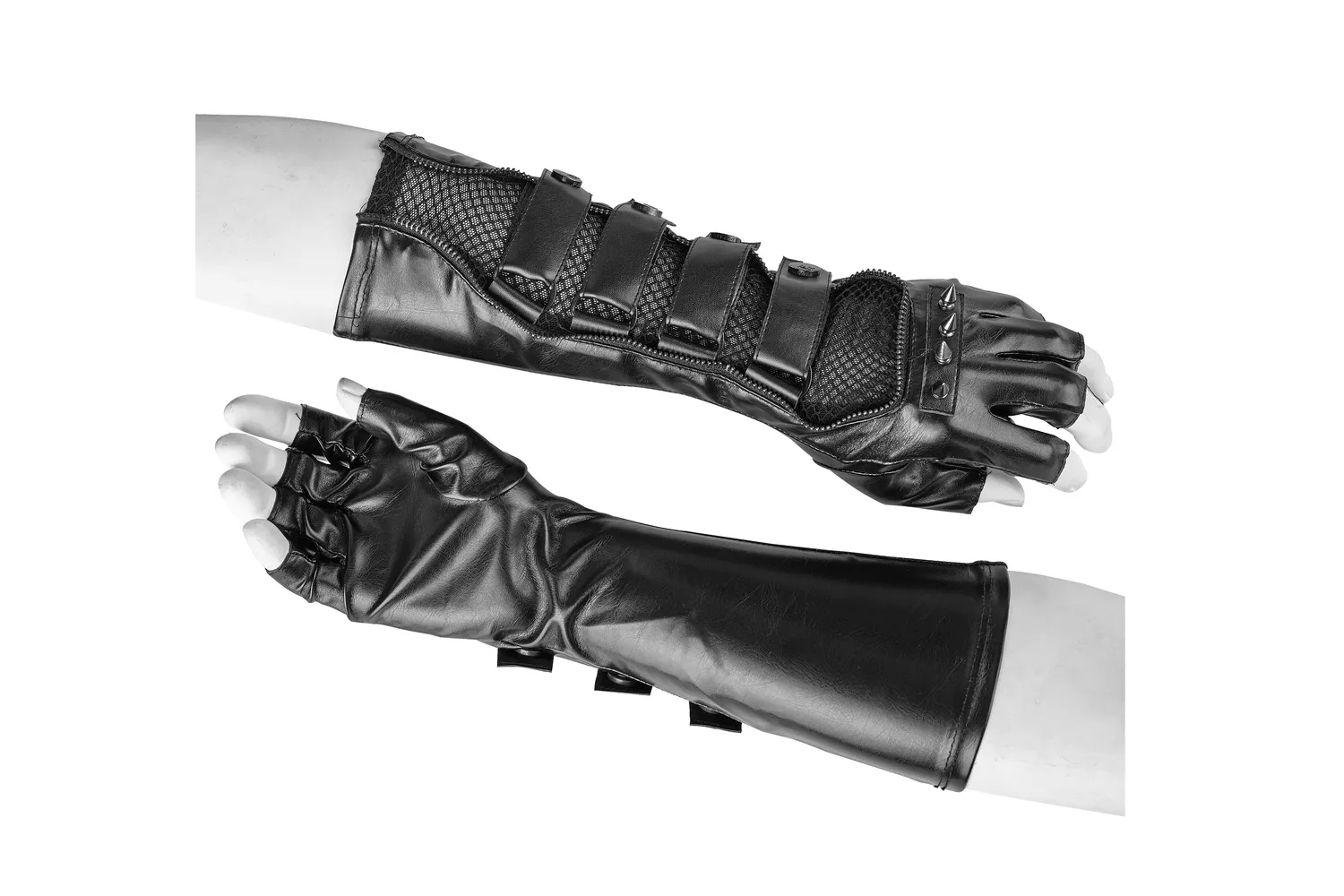 EU SALE of Black Punk Gauntlet Gloves with Spiked Joints and Mesh Accents