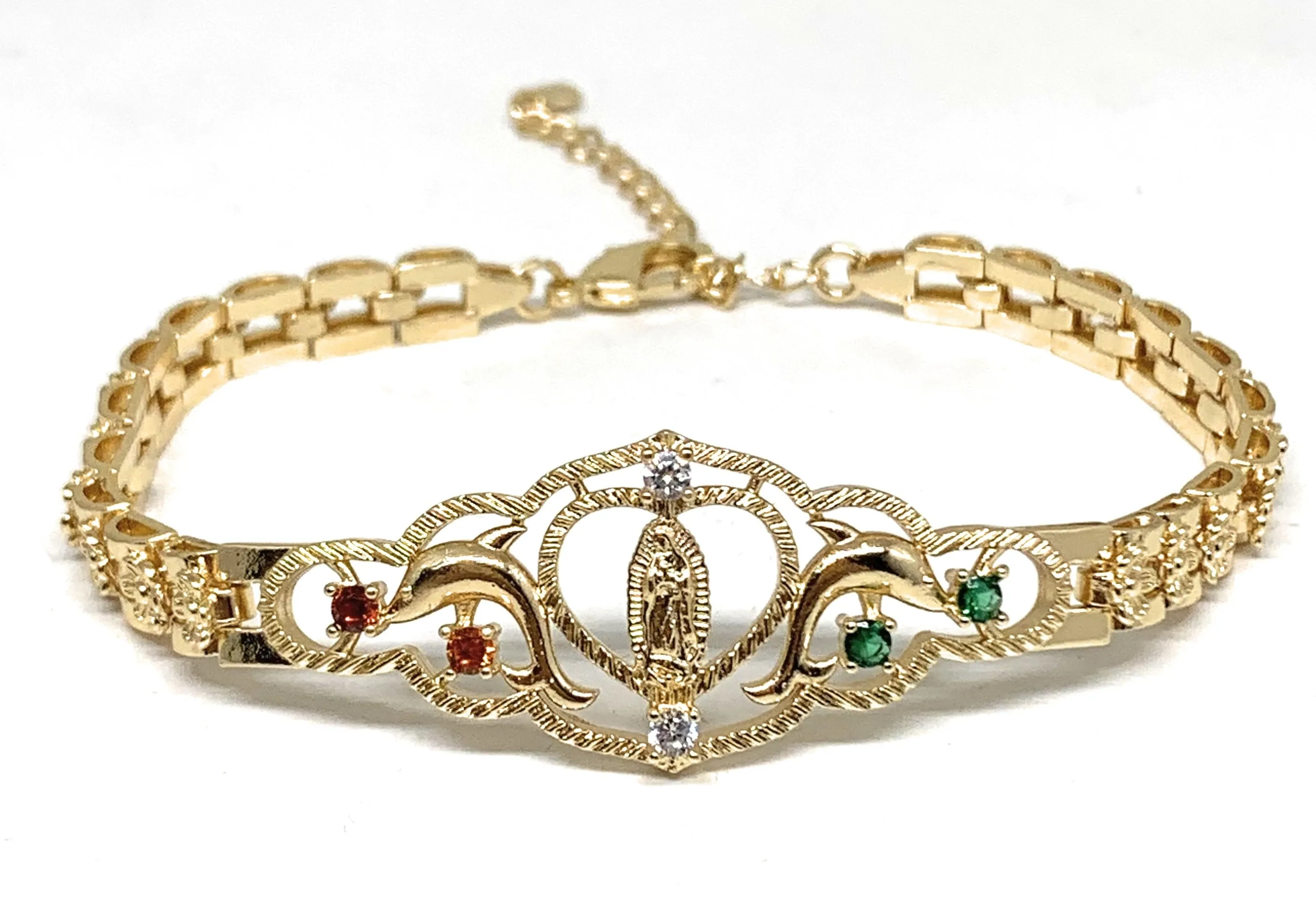 Gold Plated Virgin Mary Dolphin Heart Bracelet Virgen De Guadalupe Pulsera  8