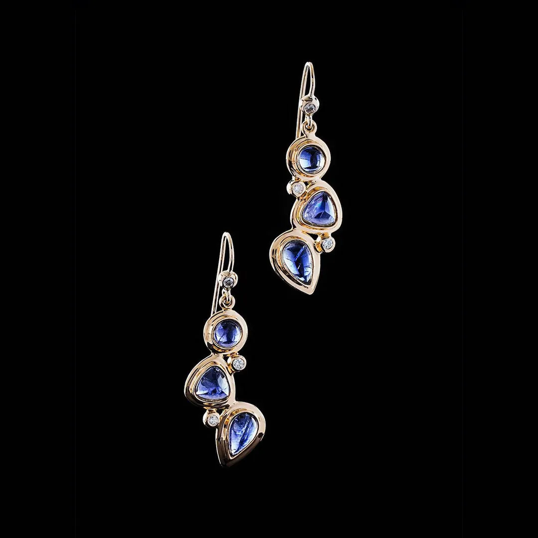 Iolite & Diamond 18K Gold Drop Earrings, Mosaic 3 Stone