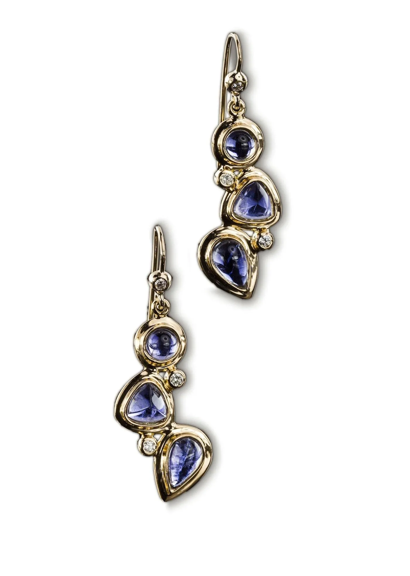 Iolite & Diamond 18K Gold Drop Earrings, Mosaic 3 Stone