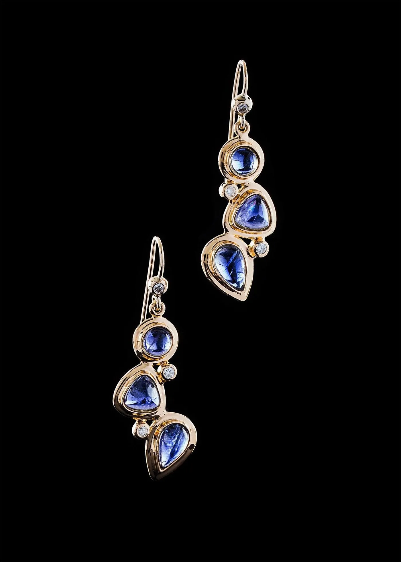 Iolite & Diamond 18K Gold Drop Earrings, Mosaic 3 Stone