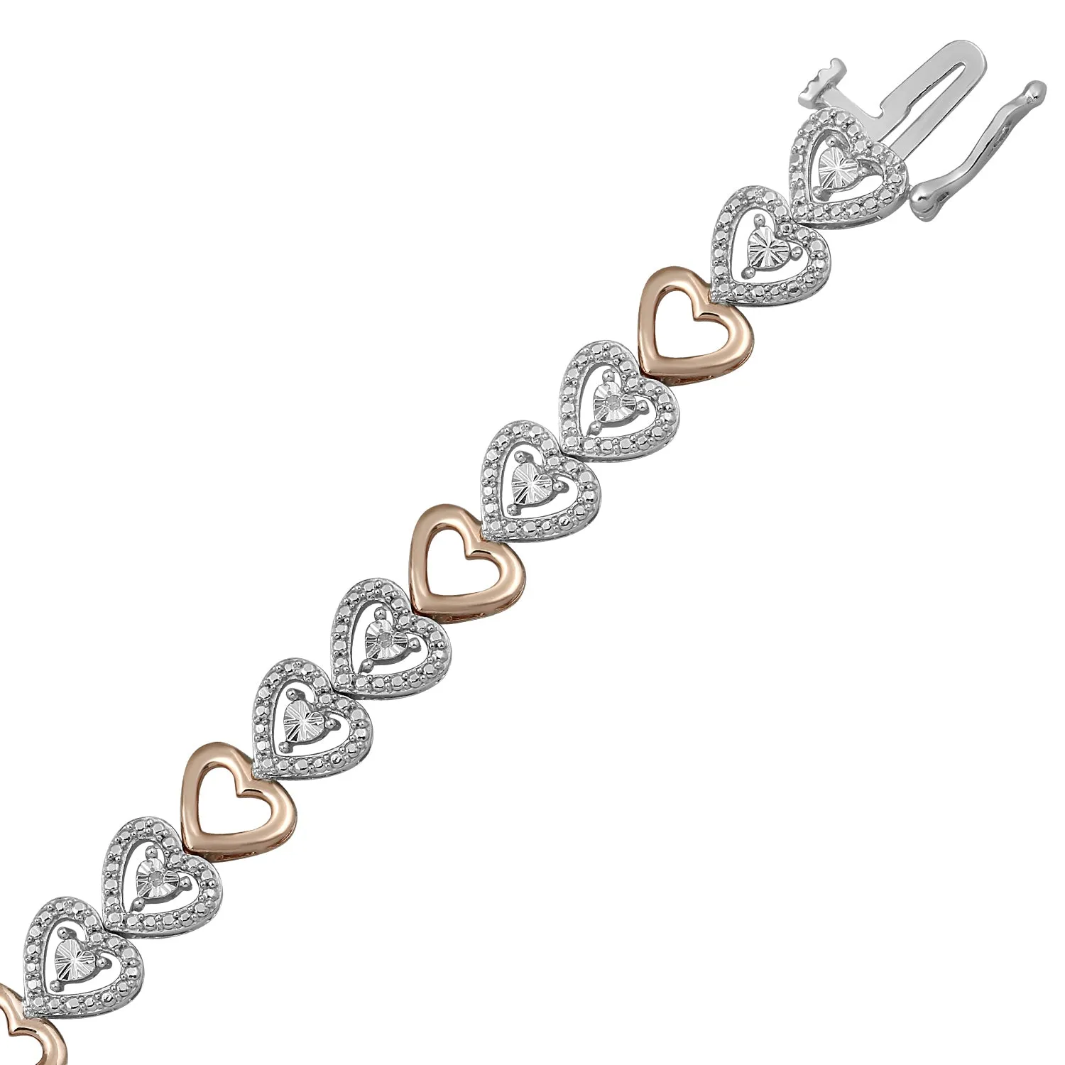 Jewelili 14K Rose Gold Over Brass Heart Miracle Plated White Diamonds Link Bracelet