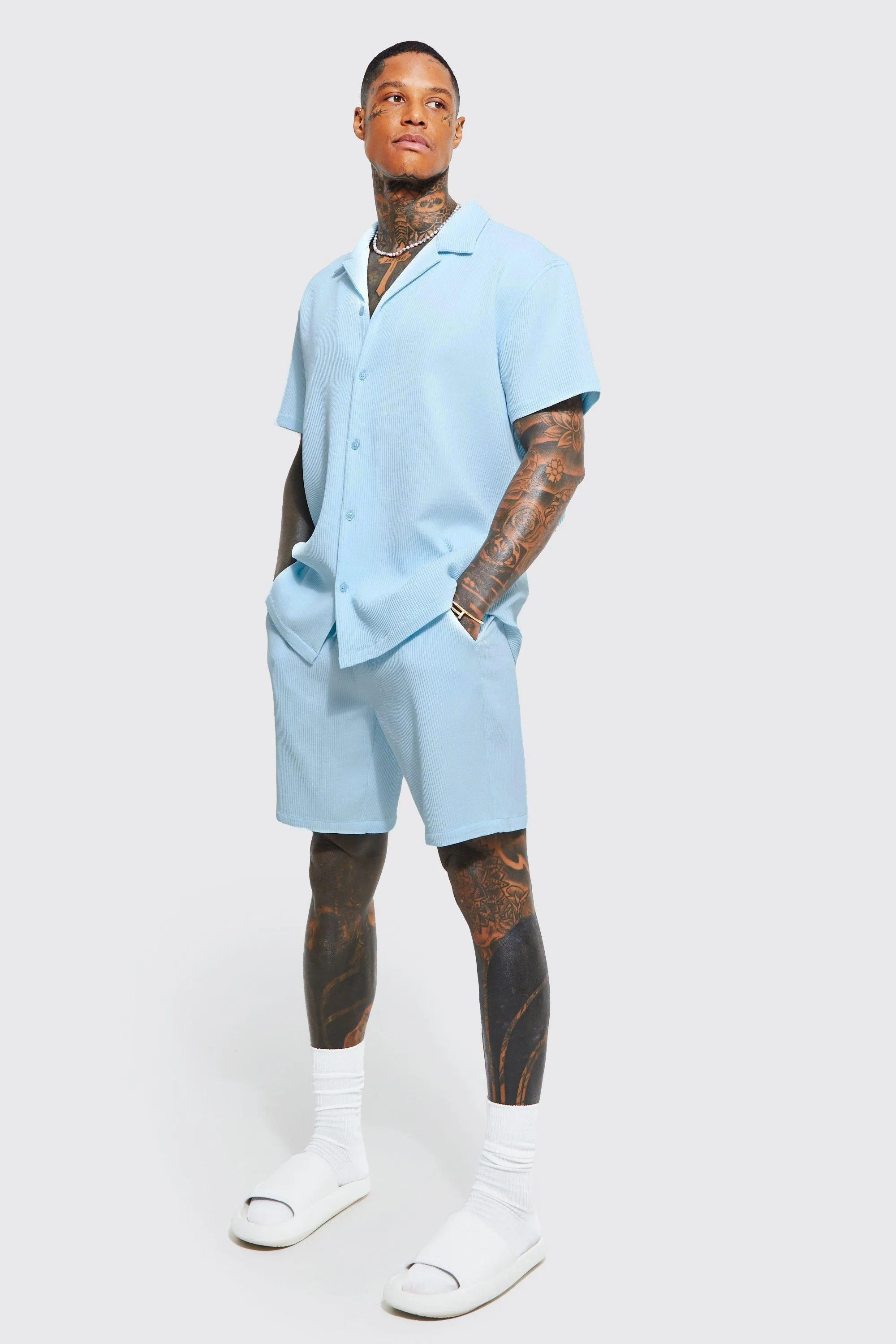 Oversized Short Sleeve Pleated Shirt And Short | boohooMAN UK