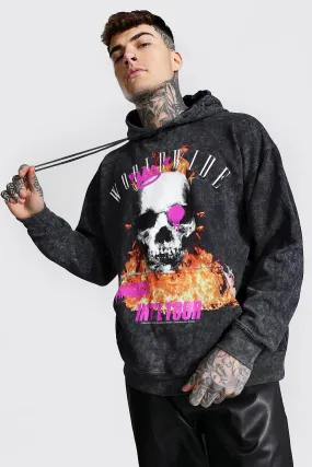 Oversized Skull Flame Acid Wash Hoodie | boohooMAN UK