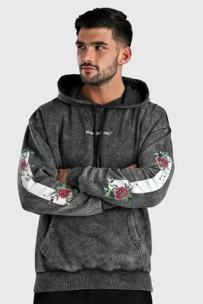 Oversized Sleeve Print Hoodie In Acid Wash | boohooMAN UK