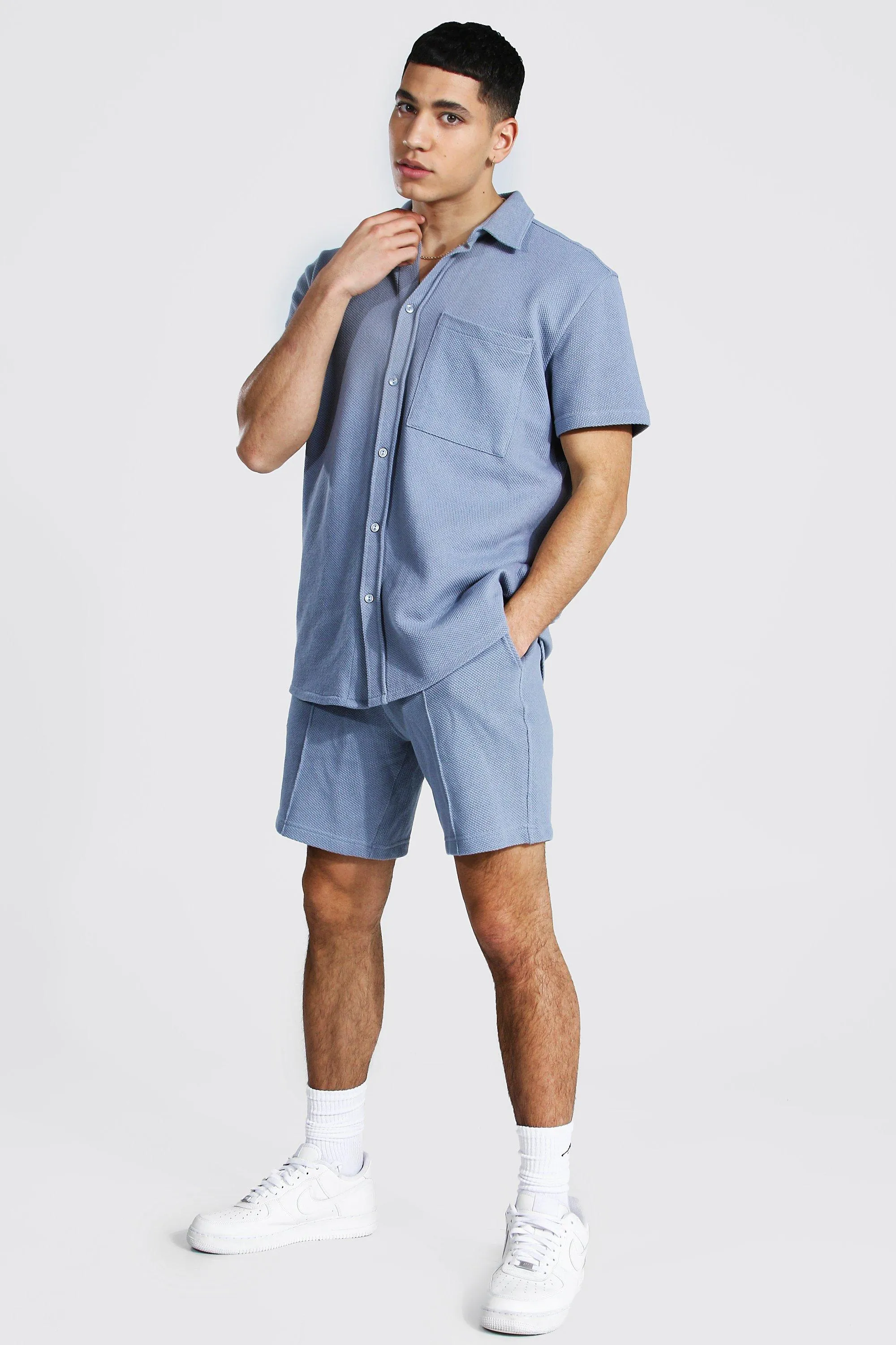 Pique Short Sleeve Shirt And Short | boohooMAN UK