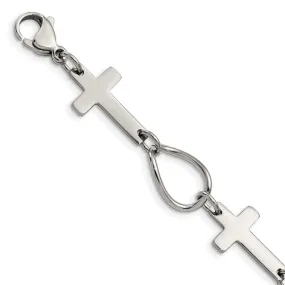 Polished Stainless Steel Sideways Cross Link Bracelet, 7.75 Inch