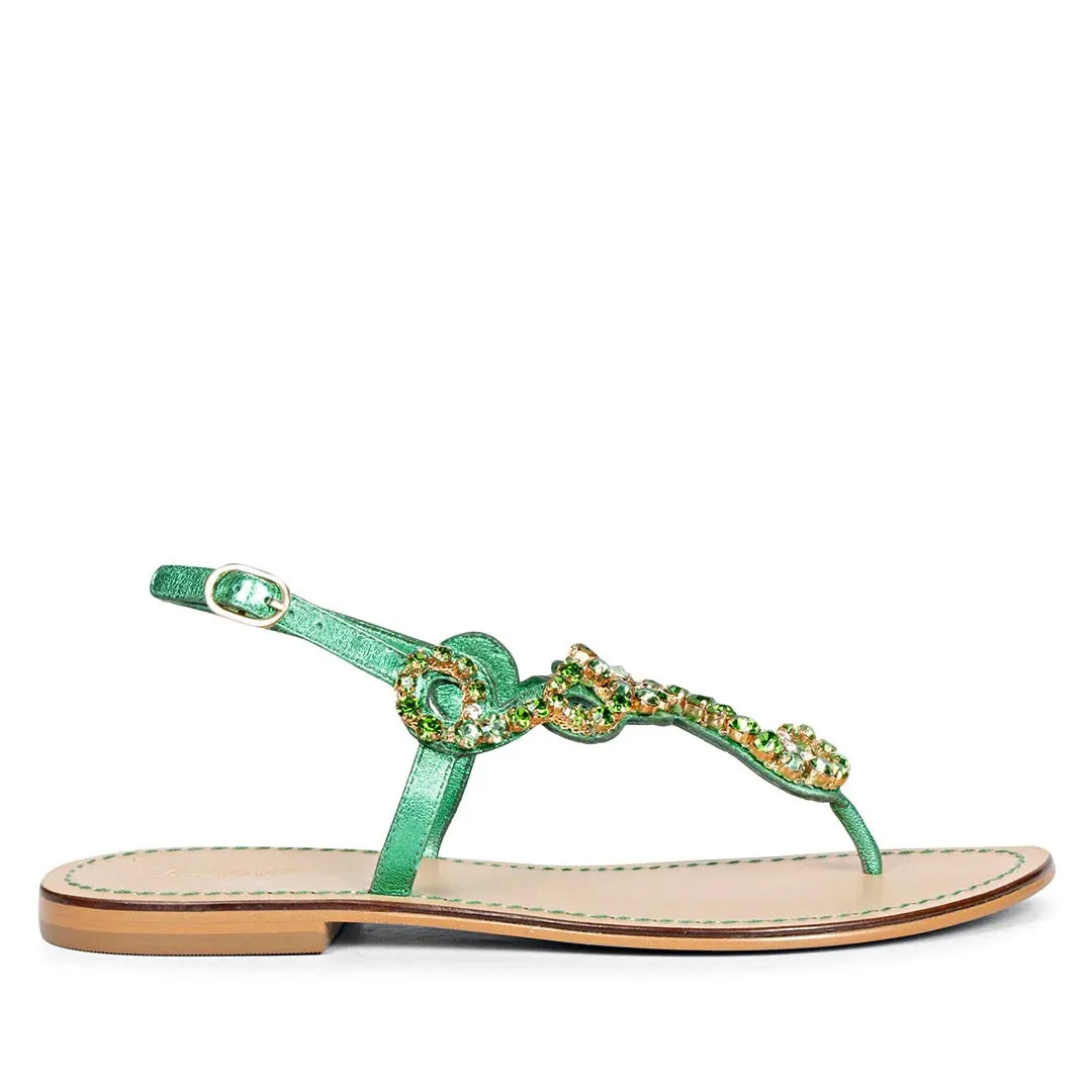 Saint Kaia Gold Stone  Metallic Green Leather Sandals