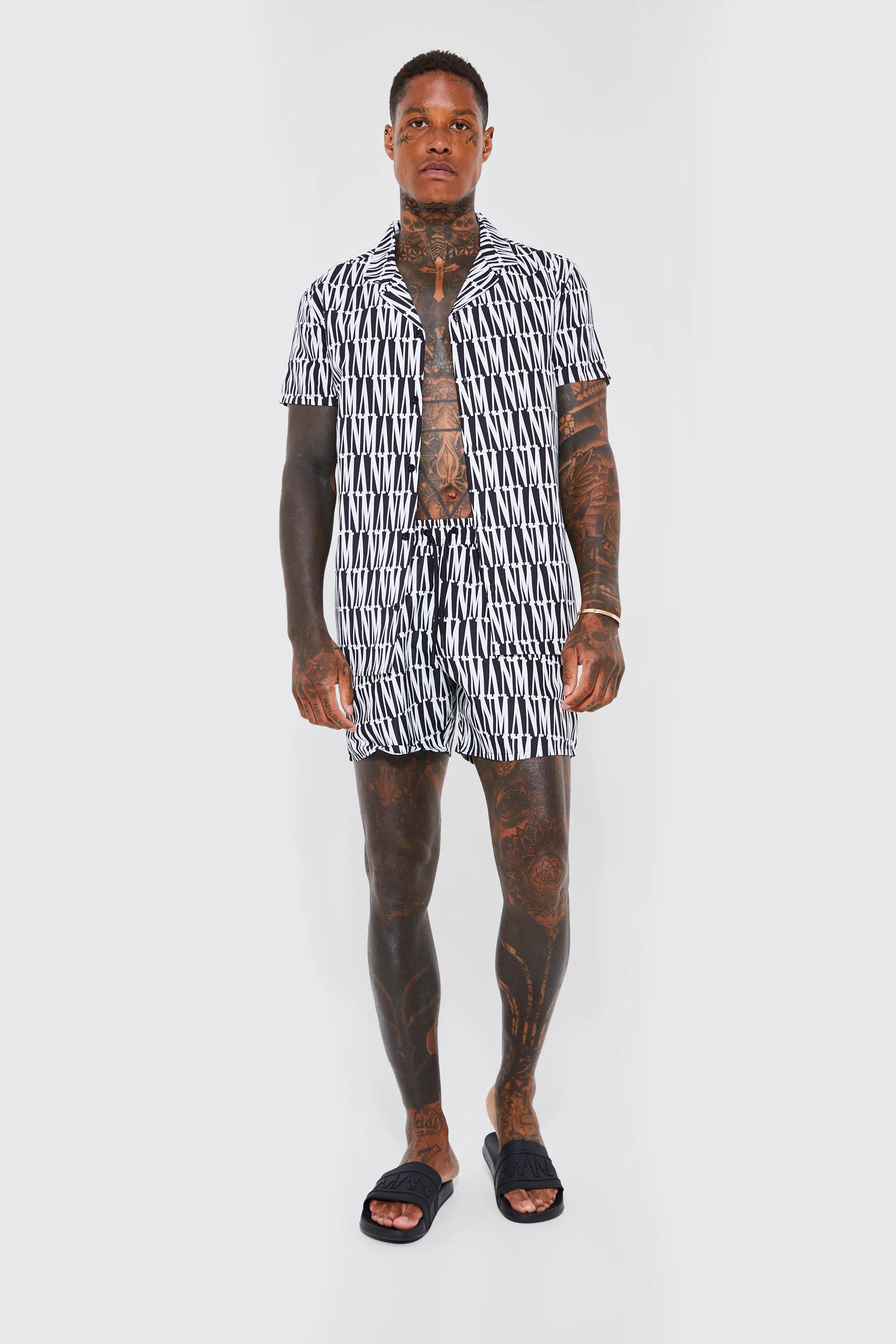 Short Sleeve Monogram Shirt And Swim Short | boohooMAN UK