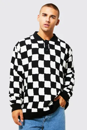 Skate Checkerboard Oversized Polo | boohooMAN UK