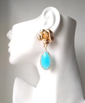 Textured Rose Stud with Aquablue Chalcedony Earrings