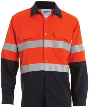 Tuffa Workwear Open Front Shirt with Reflective Tape - Long Sleeve - Flame-Resistant - HRC 2 - Midweight Westex - Navy/Orange - 